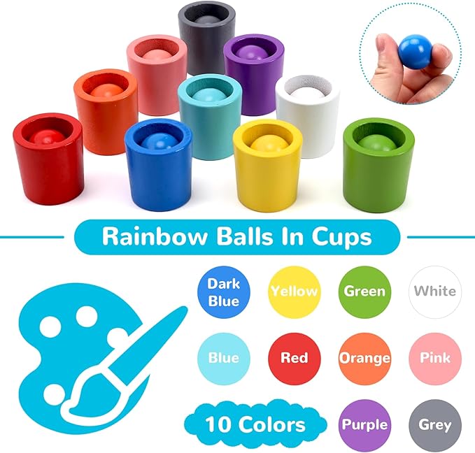 10 PCS Rainbow Balls in Cups, Mini Wood Classification Cup Game, Rainbow Sorting Balls with Spoon and Tongs, Preschool Learning Educational Montessori Matching Games for 3+ Year Old
