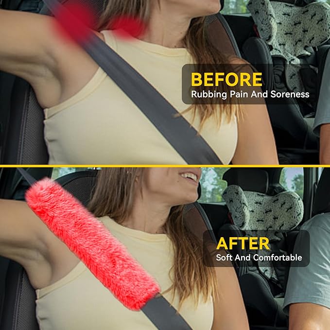 GAMPRO Car Seat Belt Pad Cover Kit, 2-Pack 13 inch Faux Rex Rabbit Fur Soft Comfortable Car Safety Seat Belt Strap Shoulder Pad for Adults and Children (Red)