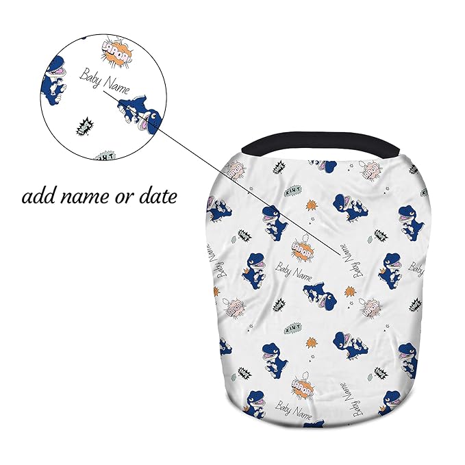 Personalized Cartoon Dinosaur Car Seat Covers with Name, Custom Nursing Cover Breastfeeding Scarf Soft Breathable Stretchy Coverage, Infant Stroller Cover for Boys Girls
