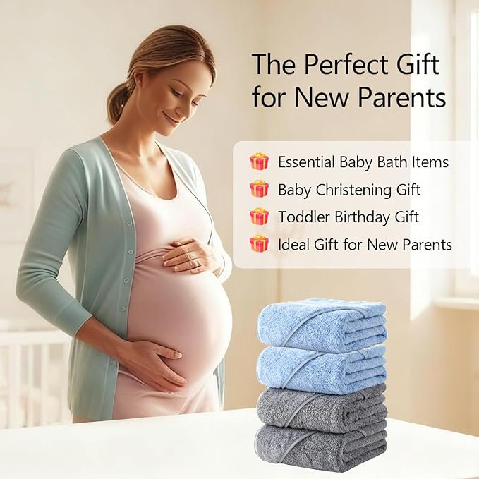 4 Pack Hooded Baby Towels, 32x32 Inch Absorbent Bath Towels, Soft Coral Fleece Hooded Towel for Newborns, Infants, and Toddlers – Baby Bath Essentials (2X Light Gray + 2X Sky Blue)