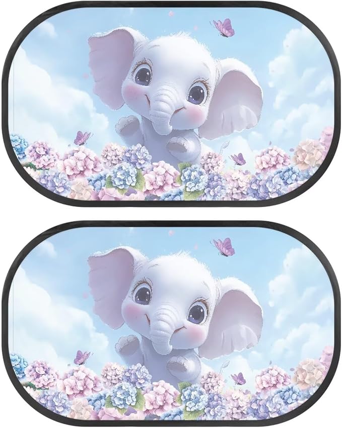 Bulopur Cute Elephant Floral Car Window Shade for Baby in Car 2 PCS UV Protection Breathable Side Window Screens Auto Interior Automotive Universal Fit Mesh Side Windshield Shades