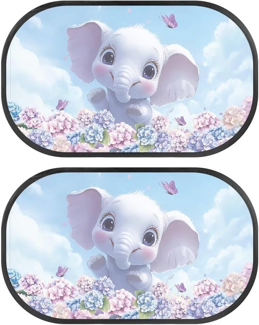 Bulopur Cute Elephant Floral Car Window Shade for Baby in Car 2 PCS UV Protection Breathable Side Window Screens Auto Interior Automotive Universal Fit Mesh Side Windshield Shades