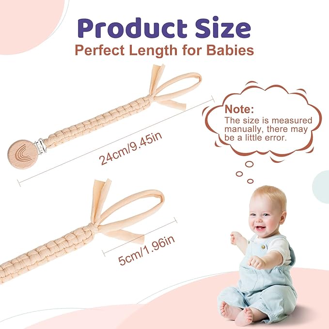 Pacifier Clip for Boys Girls Pacifier Holder Leash Boho Rainbow Wooden Clips Handmade Braided Cotton Unisex Baby Shower Birthday Gift Christmas Gift