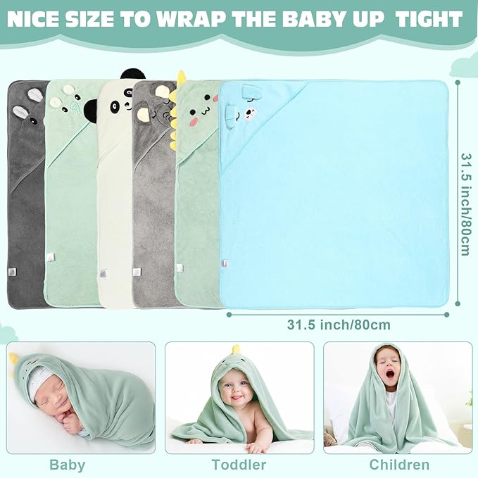 SmoothNovelty 6 Pack Baby Hooded Towels Infants and Toddlers Coral Fleece Baby Bath Towels 31.5 x 31.5 Inch Absorbent Cute Soft Newborn Bath Essentials Gifts for Boys & Girls(Multicolor,Cute)