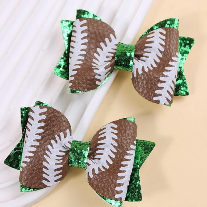 Baby Girl Hair Bow Clips Sports Hair Bow Clips, Baseball Softball Football, Faux Leather Glitter Sequin, 6 Pack, Girls Cheerleading Game Day Accessories for Little GirlsToddler Kids Teens