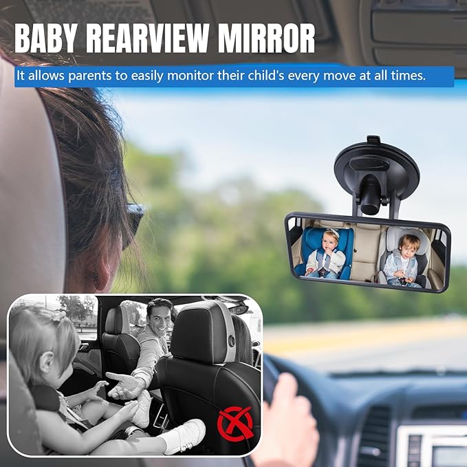 Baby Car Mirror with Suction Cup, 4.4"×2" Rectangular HD Glass Interior Rear View Mirror, 360° Rotation Adjustable Baby Rear Facing Mirrors for Windshield, Universal Car Accessories