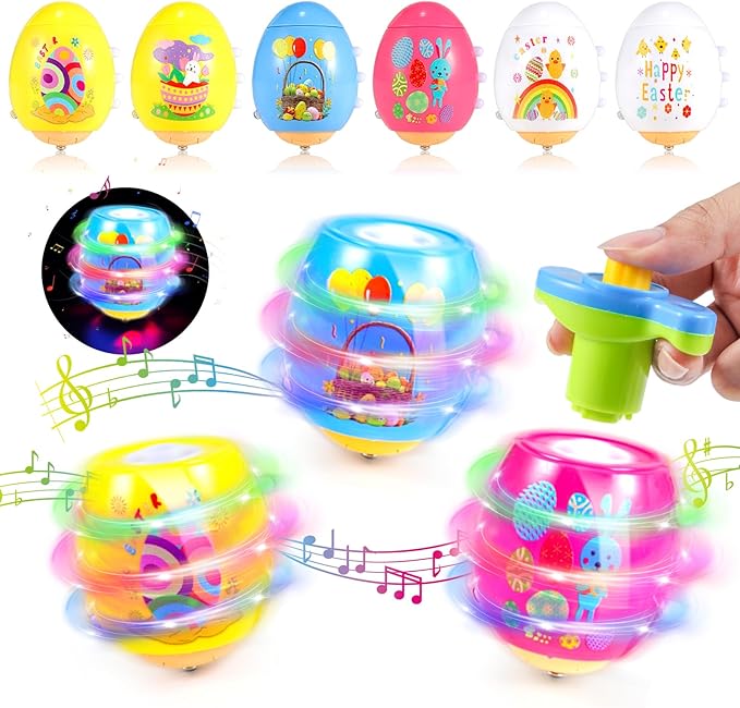 6 PCS Easter Basket Stuffers for Toddler Kids, Light Up & Singing Spinning Top with Flash, Easter Eggs Hunt Party Favor Toy Gifts, Kids Goodie Bag Fillers, Easter Gifts for Boys Girls 3+, Decorations