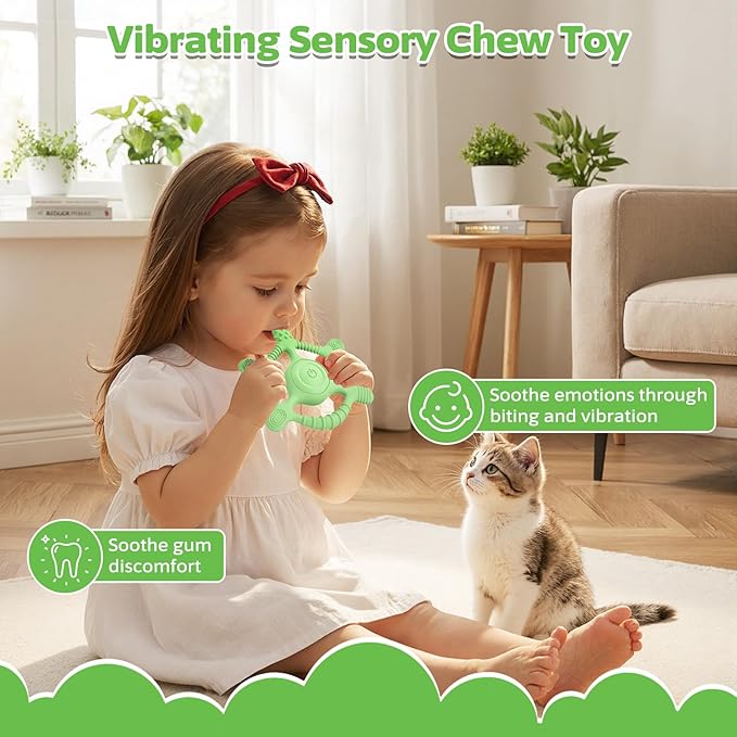 Vibrating Teether for Baby | Sensory Toys for Kids with Autism | Toddler Travel Essential Teething Toys for Babies 6-18 Months, USB Chargeable & 3X Gentle Vibration Settings (Green)