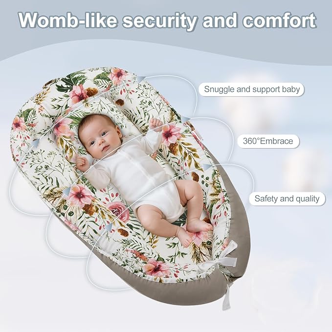 Baby Lounger for Newborn (0-24 Months)-100% Cotton Baby Nest Adjustable Size, 2-in-1 Play Mat & Diaper Changing Pad, Portable for Home&Travel, Infant Essentials Gifts(Grey-Edged Flower Bouquet)
