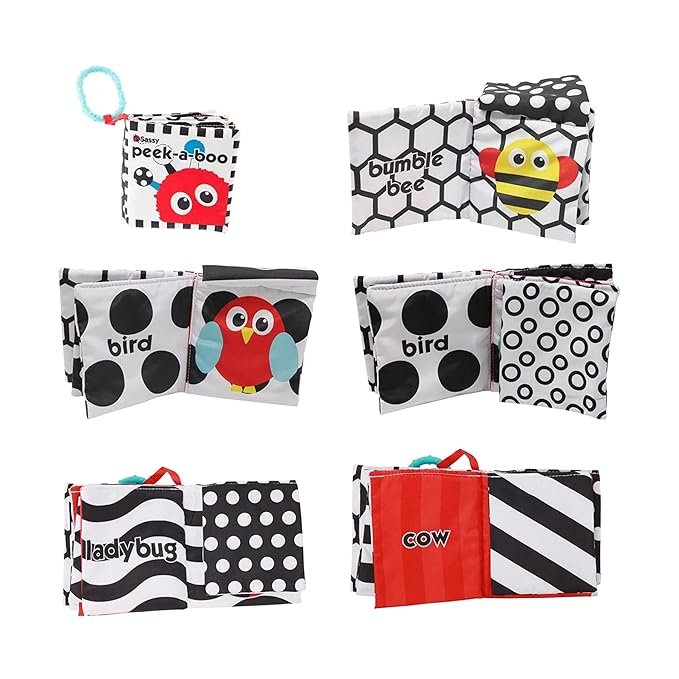 Sassy Peek-a-Boo Activity Book with Attachable Link for On-The-Go Travel, Sensory Play, Black & White, Ages 0+ Months