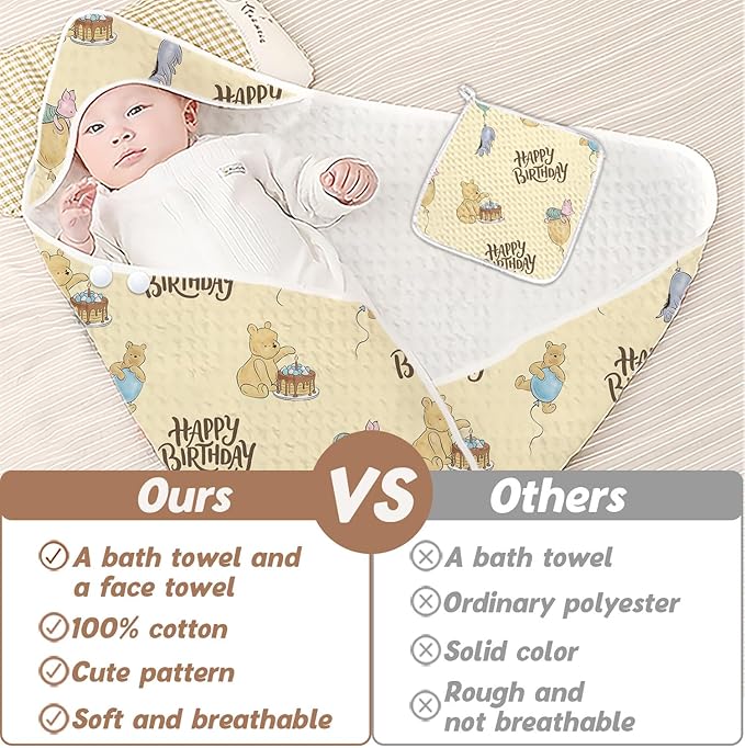 1PCS the Pooh Baby Bath Towels, Winnie Hooded Baby Towel, Bath Supplies for Newborns, Soft & Absorbent, Happy Birthday Baby Towel with 1 Toddler Face Towels 32 * 32IN