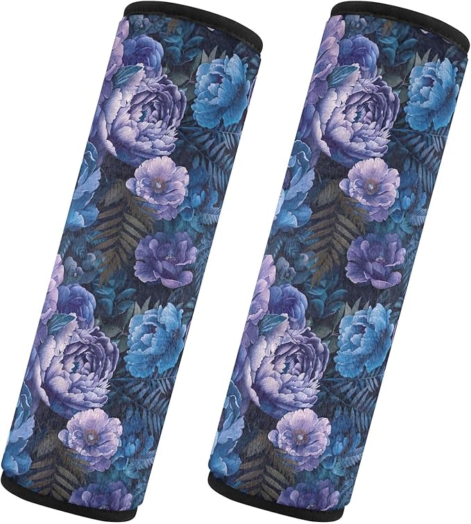 Dark Blue Purple Peonies Car Seat Belt Covers 2Pcs Fashion Safety Belt Cushion Seat Belt Shoulder Pad for Adults Women Kids