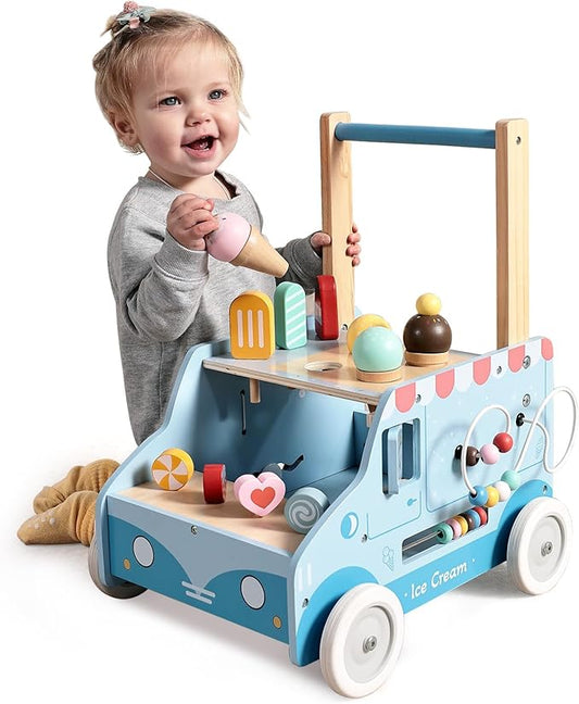 labebe Baby Push Walker, Wooden Activity Walker for Boys Girls 12M+, Push Walker Toy for Kids Learning to Walk, Adjustable Speed Learning Walking with Wheels, Birthday Gift for Babies Ages 1-3 (Blue)