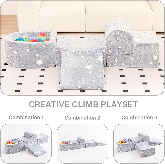 Tiita Baby Climb and Crawl Playset 5-Piece, Kids Foam Climbing Block with Small Ball Pit - Indoor Soft Play Climber for Playtime Fun, Grey Star