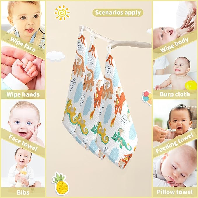 vvfelixl Baby Muslin Washcloths Flying Dragons Baby Burp Cloths Cotton Baby Face Towel for Newborn Infants Boys Girls Soft and Absorbent 11.8 X 11.8 in, 3 Pack