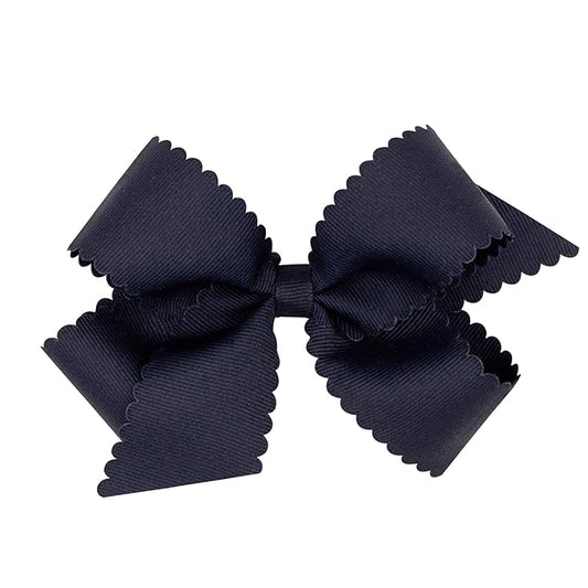 Wee Ones Girls' Classic Grosgrain Hair Bow with Scalloped Edges, No-Slip Hair Clip, Handmade, Navy, Medium