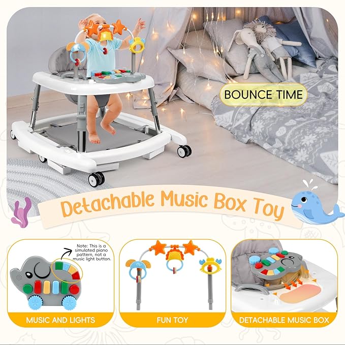 5 in 1 Baby Walker Foldable Music and Lights with 5 Adjustable Heights, Baby Walker with Wheels Portable, Infant Toddler Walker for Baby Boy Girls 6-18 Months (White)