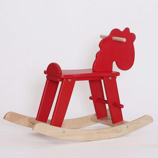 Red Wooden Rocking Horse for Preschool (Ages 3-6) - Solid Rubber Wood, Safe & Comfortable Footrest, Supports Physical & Cognitive Growth, Vintage