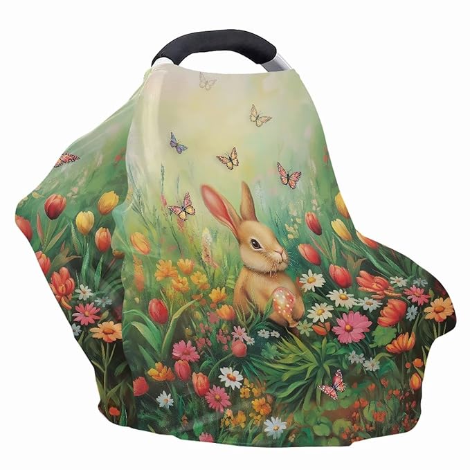 Wanyint Easter Rabbit Butterfly Flower Car Seat Covers Baby Car Canopy Shopping Cart Cover Scarf Lightweight Stroller Cover Women Mother Nursing Breastfeeding Covers