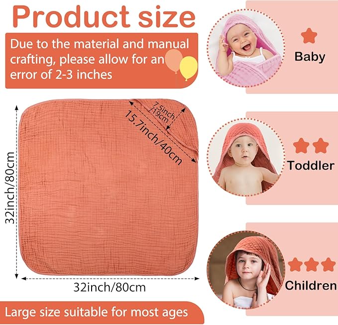 VitalCozy 6 Pcs Baby Muslin Hooded Bath Towels and Washcloths, Muslin Hooded Baby Towels Absorbent Blankets for Gift Newborn Infant Shower (Pink,Orange)