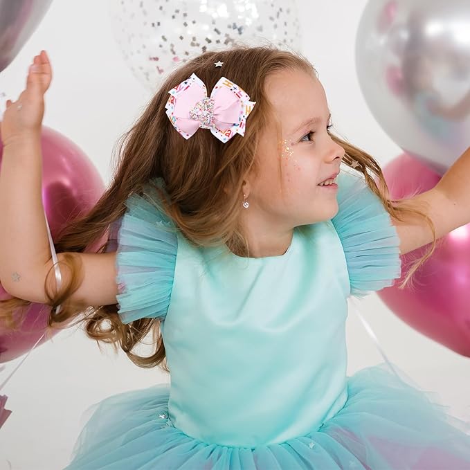 3.5-Inch Happy Birthday Hair Bow Clips for Girls,Glitter Pink Sprinkle Bow Barrettes Alligator Hairpins,Teens Toddlers Kids 4th Birthday Party Dress outfits Decor Accessories Gift