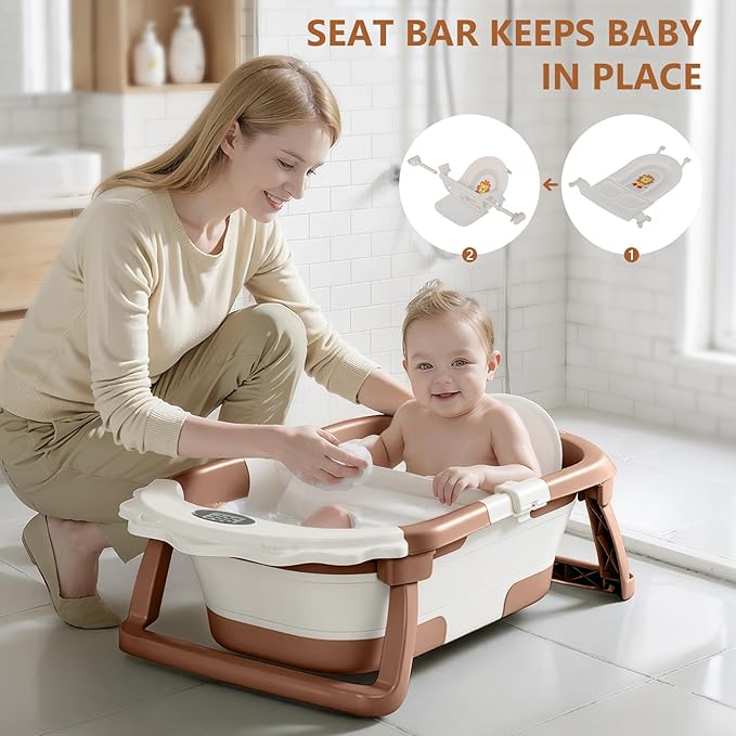 MoreFeel Foldable Baby Bathtub with Thermometer - 4-in-1 Grow-with-Me Collapsible Infant Tub (Newborn to Toddler) with Adjustable Mesh Sling - Space Saving Design