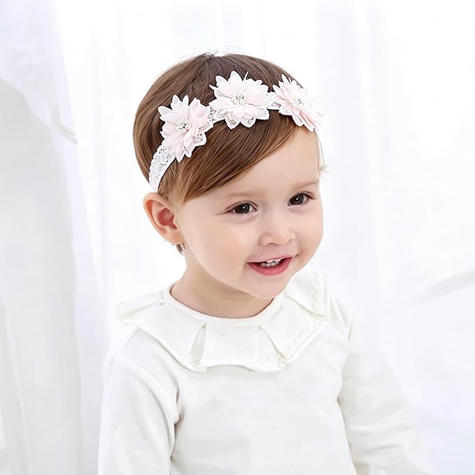 Baby Girls Hairband White Bow Lace Headbands Handmade Soft Stretchy Wide Head Band Newborn Hairbands with Bows Pearls Elastic Headband for Infant Hair Accessories（Three Pearl Flowers）