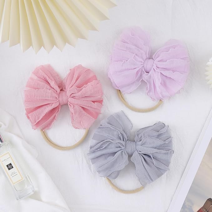 Baby Girls Stretchy Soft Knot Headbands with Hair Bows Newborn Toddler Hairbands Infant Toddlers Kids Hair Accessories Purple Gray Pink 3 PCS