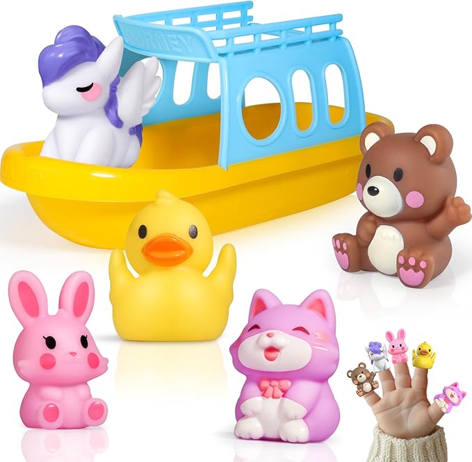 Oriate Bath Boat Toys, Finger Puppets for Kids, 5 PCS Rubber Duck Finger Puppets and 1 Boat, Sensory Learning Toy Set in The Bathtub, Pool, Beach Easter Eggs Fillers.