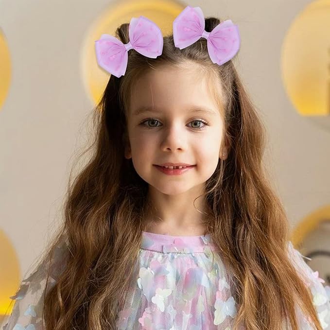 Tiny 3 Inch Dot Organza Double Hair Bow Clips - Cute Lined Boutique Alligator Hairpin for Girls, Toddlers, and Little Teens - Kids Barrettes Set of 2 Small Stylish (Purple)
