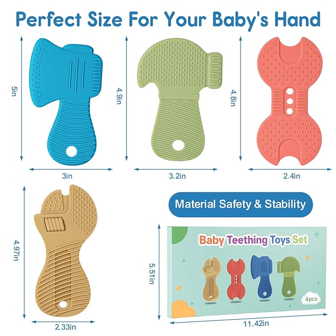 Baby Teether Toys, 4 Pack Food-Grade Silicone Teething Toys for 3-6 6-12 Months Babies, Infants, Easy to Grasp, Teething Relief Toy