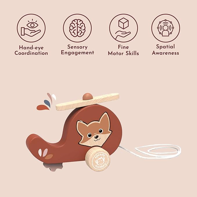 Speedy Monkey Wooden Pull‑Along Helicopter Toy for Toddlers 12m+ | Multicolor Rolling Pull Toy for Kids & Preschoolers | Early Learning Activity Toy – Fine Motor & Gross Motor Skills for Boys & Girls
