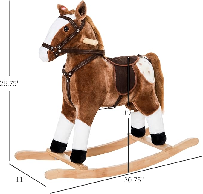 Qaba Kids Rocking Horse Plush Ride On Toy Toddler Rocker for Boys Girls Gifts with Realistic Sounds, Brown