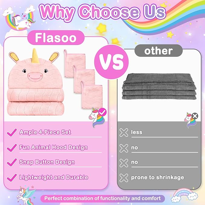 Flasoo 4 Pcs Toddler Towels Set, 1 Thick Toddler Bath Towel & 3 Washcloths, Large 55" x 27.5" Hooded Toddler Bath Towel, Hooded Towels Kids, Soft Toddler Towels with Hood 0-5 Years for Kid (Unicorn)