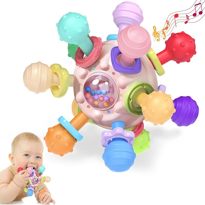 Baby Teething Toys for Babies Girl Toys Gifts, Rattles Chew Sensory Montessori Toys for Newborn Infants, Tummy Time Shower Gifts for Babies - Pink