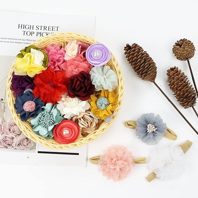 Cinaci 18 Pack Colorful Daisy Rose Flower Hair Bows Chiffon Flowers Baby Headbands Handmade Floral Bow Elastic Stretchy Nylon Hair Bands Accessories for Baby Girls Newborns Infants Toddlers Kids Teens