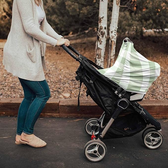 Sage Green Plaid Car Seat Covers for Babies, Modern Geometric Checkered Lattice Nursing Breastfeeding Covers Stretchy Breathable Baby Carseat Canopy Cover for Girls and Boys Shower Gifts