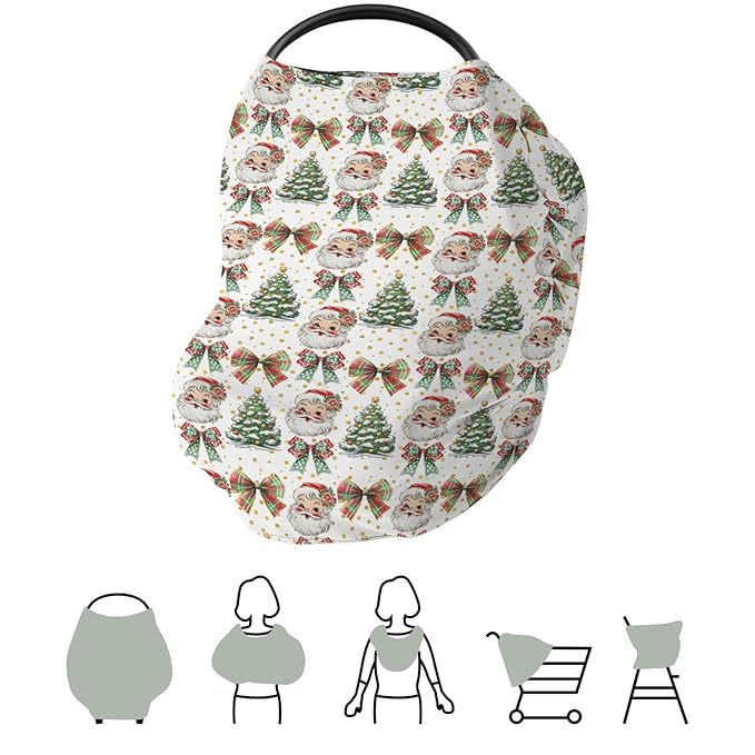 Christmas Santa Trees Car Seats Cover for Babies Santa Claus Red Green Bows Stretchy 5-in-1 Cover Adjustable Car Canopy Cover Winter Holiday Breathable Nursing Cover-Up
