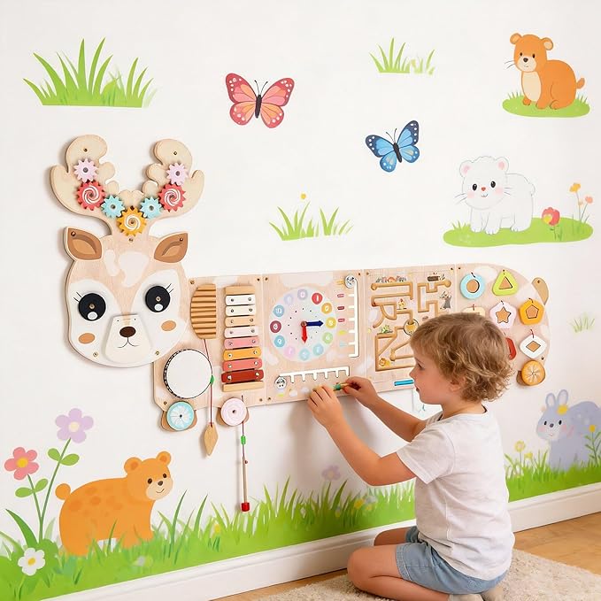 Reindeer Activity Wall Busy Board Panels,12-in-1 Wooden Sensory Wall Panel for Kids, Wooden Montessori Learning Activity Center Sensory Toys for Playroom, Preschool, Daycare, Nursery, Classroom