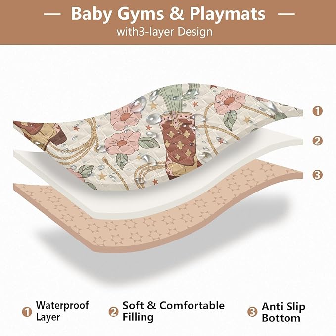 Baby Play Mat Cactus Cowboy Boots Floral 50 x 50 Playpen Mat Baby Play Mats for Floor Play Gym Crawling Mat Non-Slip Cushioned Baby Playmat for Infants, Babies, Toddlers