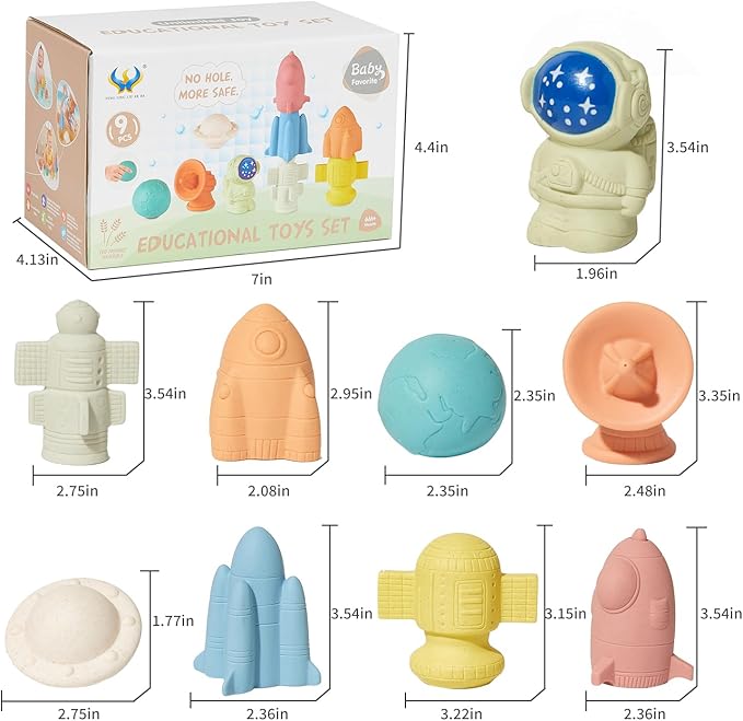 AMCHSURI Mold-Free & No Holes Bath Toys 9 Pack | Safe Astronaut & Rocket Ship Toys for Babies 6-12M & Toddlers 1-3Y | Bathtub Pool Float Toys for Boys Girls