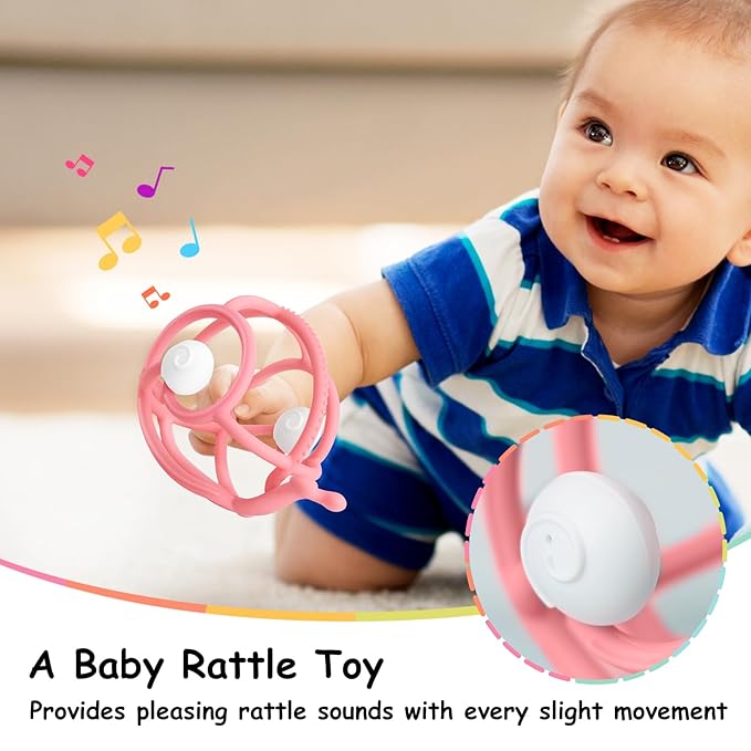 Mombella Snail Teething Rattle Toys for Babies 0-6 Months, Baby Teethers & Rattles Toys 6-12 Months, Silicone Infant Teething Toys for 3-9 Months Old, Great Newborn Gifts for Boys Girls, Pink
