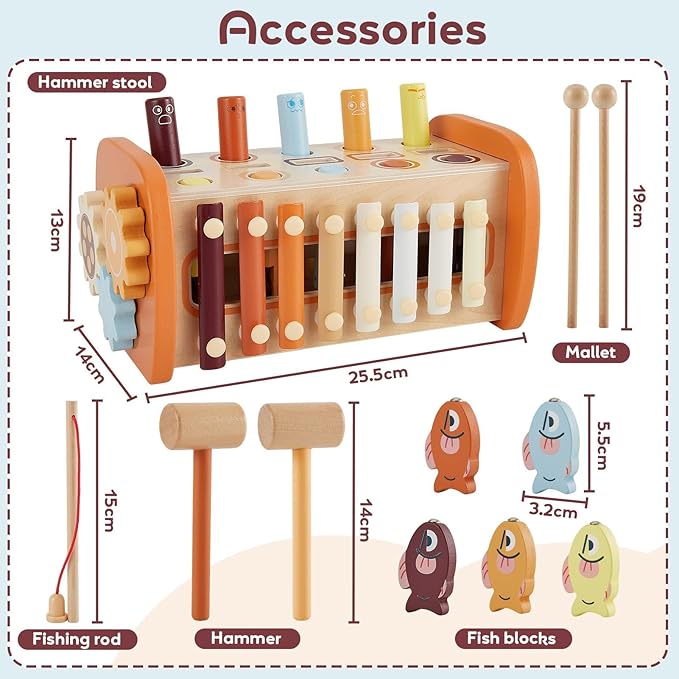 HYAKIDS Wooden Montessori Hammering Toy, 6 in 1 Baby Pounding Bench, Xylophone, Whack a mole, Learning Educational Toys, Gifts for 18+ Months Boys Girls