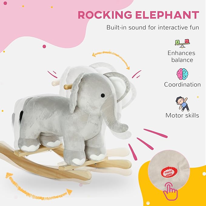 Qaba Rocking Horse, Kids Rocking Animal, Elephant Rocker with Realistic Sounds, Plush Ride on Toy for Years 2-4, Gray