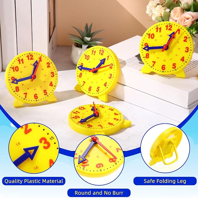 Batiyeer 24 Pcs Teaching Clock Kit for Kids to Tell Time Teaching Mini Geared Clock for Kids Basic Math Development Teacher and Classroom Supplies, 4 Inch(Yellow)