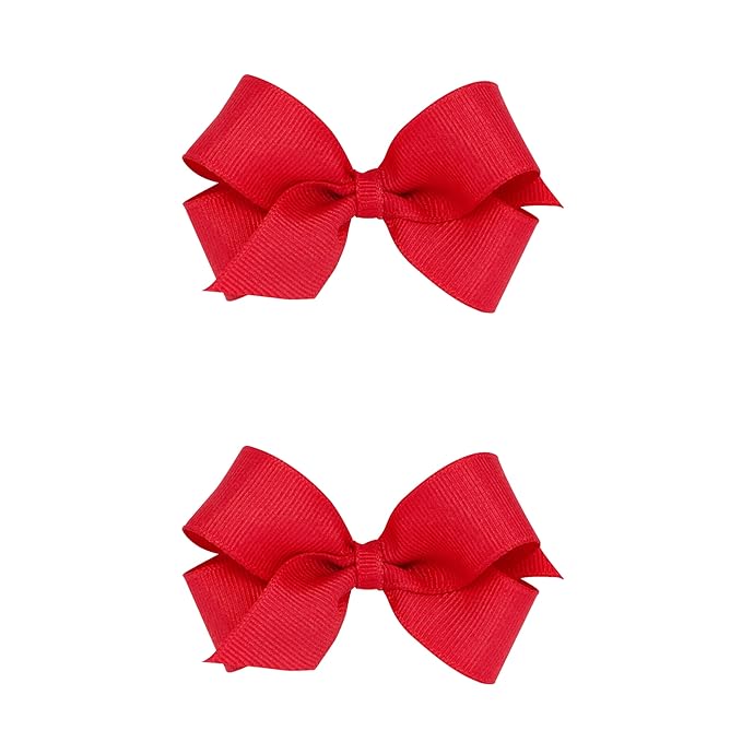 Wee Ones Girls 2 Pack Grosgrain Hair Bows with Plain Wrap Centre on a Wee Stay No Slip Clip, Mini, Red