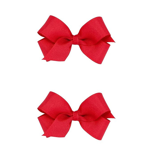 Wee Ones Girls 2 Pack Grosgrain Hair Bows with Plain Wrap Centre on a Wee Stay No Slip Clip, Mini, Red