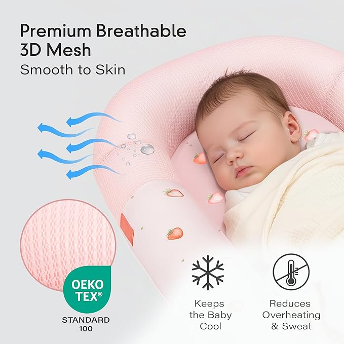 JollyBoo® Deluxe Infant Lounger Pillow - Baby Lounger 0-24 Months | Bamboo-Cotton Portable Baby Nest with Foldable Sunshade & 2 Plush Toys | Soft, Breathable Mesh for Cool, Safe Rest (Strawberry)