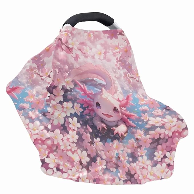 GIFTPUZZ Pink Axolotl Car Seat Cover for Girls and Boys, Stretchy Ultra Soft Carseat Canopy, Nursing Cover Breastfeeding Cover, Grocery Cart Cover, High Chair Cover Multi- Use Cute