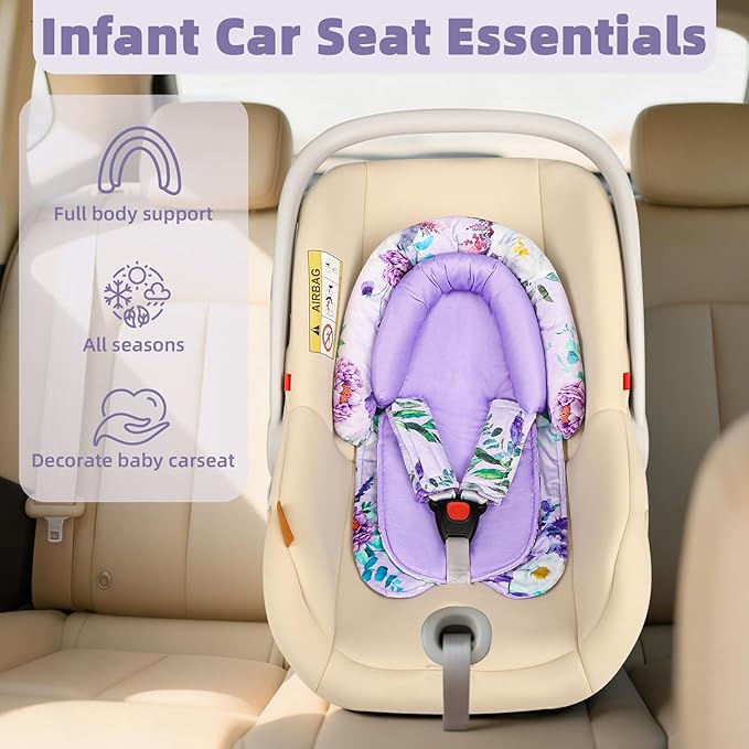 Baby Car Seat Head Support & Strap Covers, Upgraded 2-in-1 Infant Car Seat Insert Cushion for Newborn Girls, Mesh & Minky Fabric, Perfect for Carseat, Stroller, Swing, Extra Soft, Purple